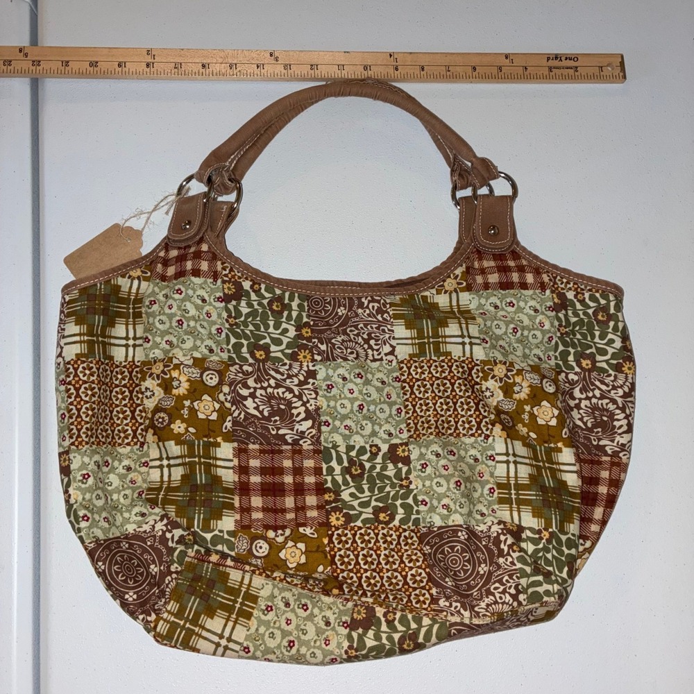 Chateau Patchwork Hobo Bag Floral Plaid Paisley Brown Green Boho Shoulder Purse